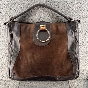 Vtg Furla Hobo Shoulder Handbag Purse Brown Leather/Suede Quiet Luxury Classy **